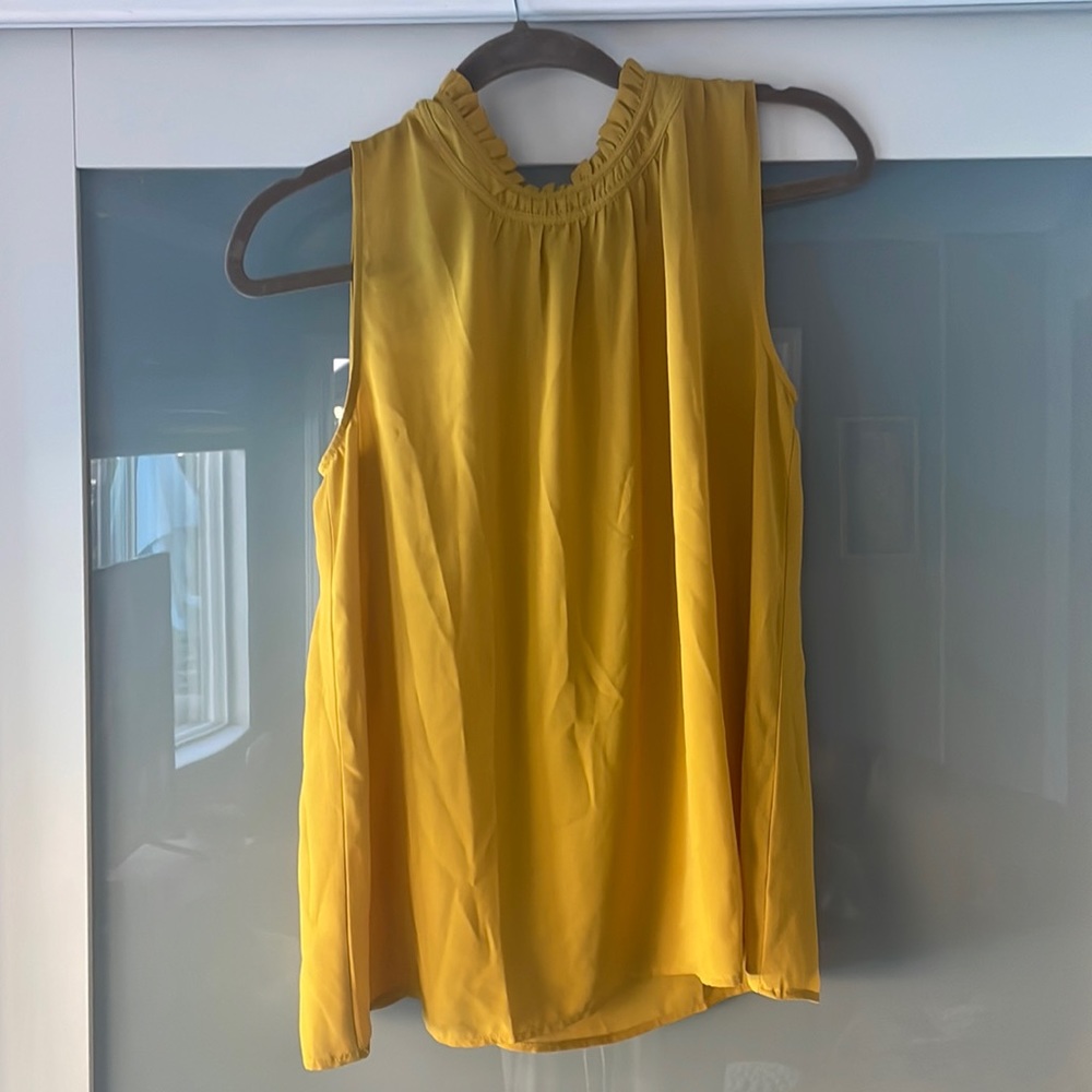 mustard sleeveless blouse.